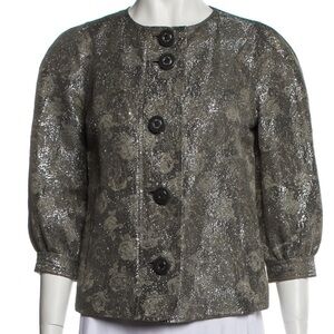 Tory Burch Metallic Linen Silk Gray Silver Printed Blazer Textured Floral Size 4